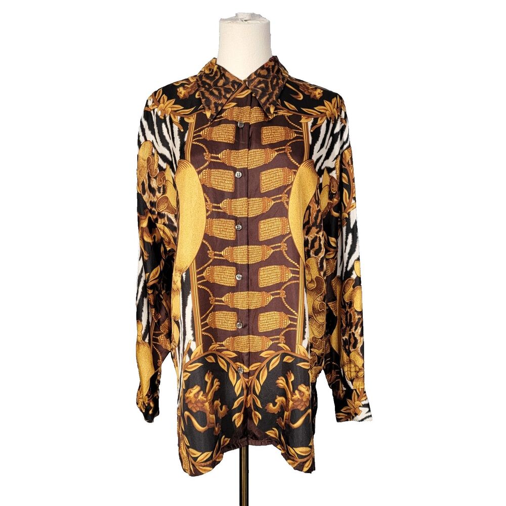 Vtg Compagnie Express M Silk Baroque Lion Zebra Leopard 80s Button Shirt